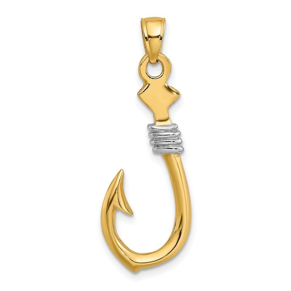 14k Yellow Gold w/Rhodium 3-D Fish Hook With Rope Necklace Charm Pendant